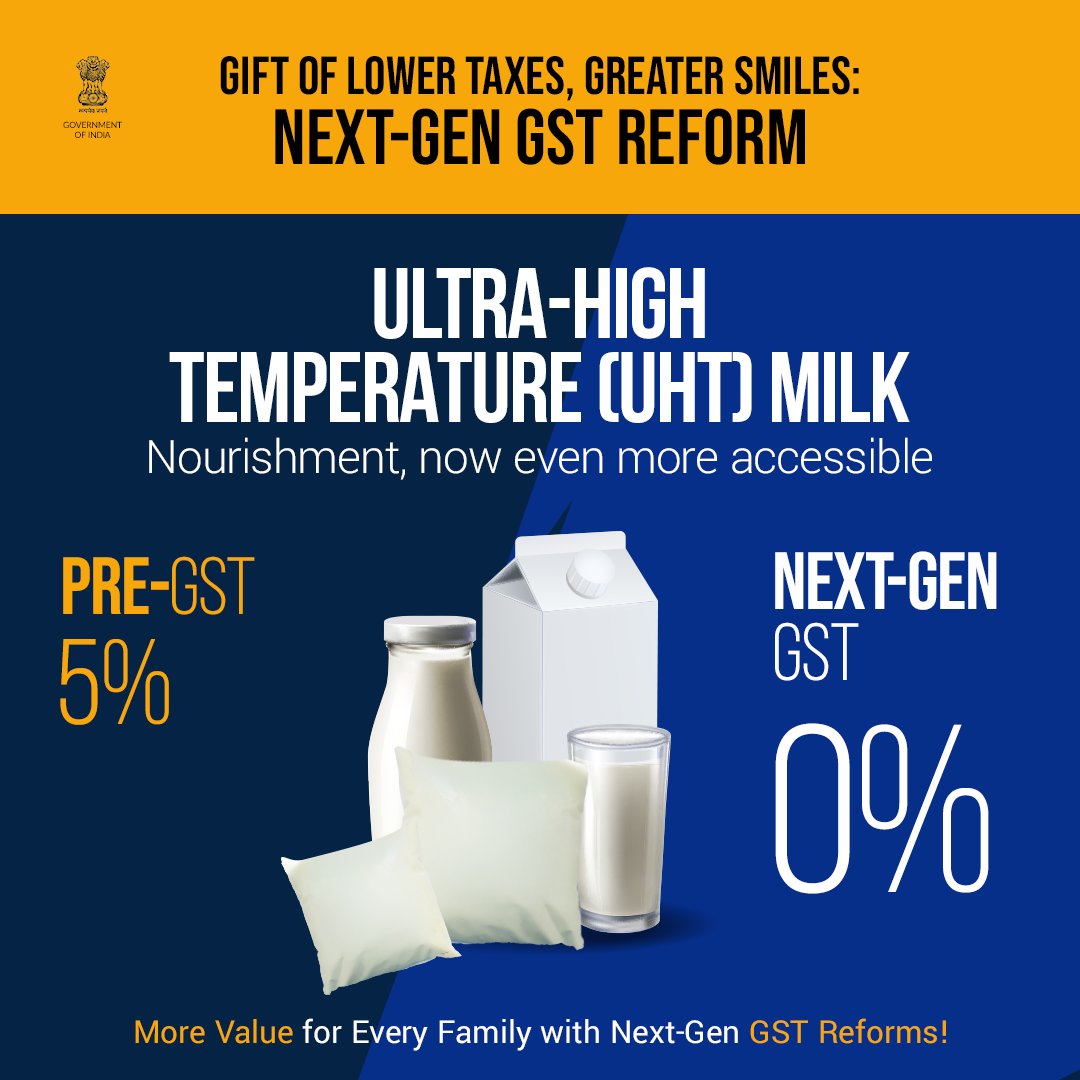 MIB_India's tweet photo. More savings for every family with #NextGenGST!
With #ZeroGST on essentials like UHT milk, everyday living gets more affordable — putting more money back in your hands.