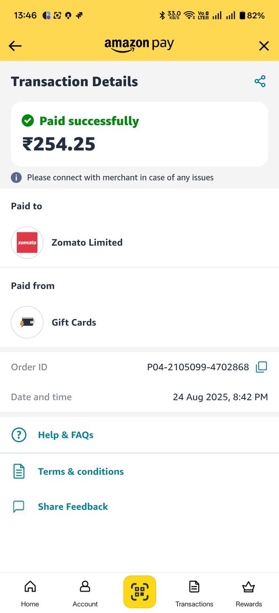 Rahulboy2's tweet photo. Hi @AmazonPay @zomato,
I placed 2 orders on 24 Aug. Payment was deducted 4 times, refund came only 2 times. Rest 2 are still pending. Amazon says payment successful, Zomato says not received. Then where is my money? It’s 12 Sept now — refund my balance! Screenshots attached. https://t.co/2EBA4q5q89