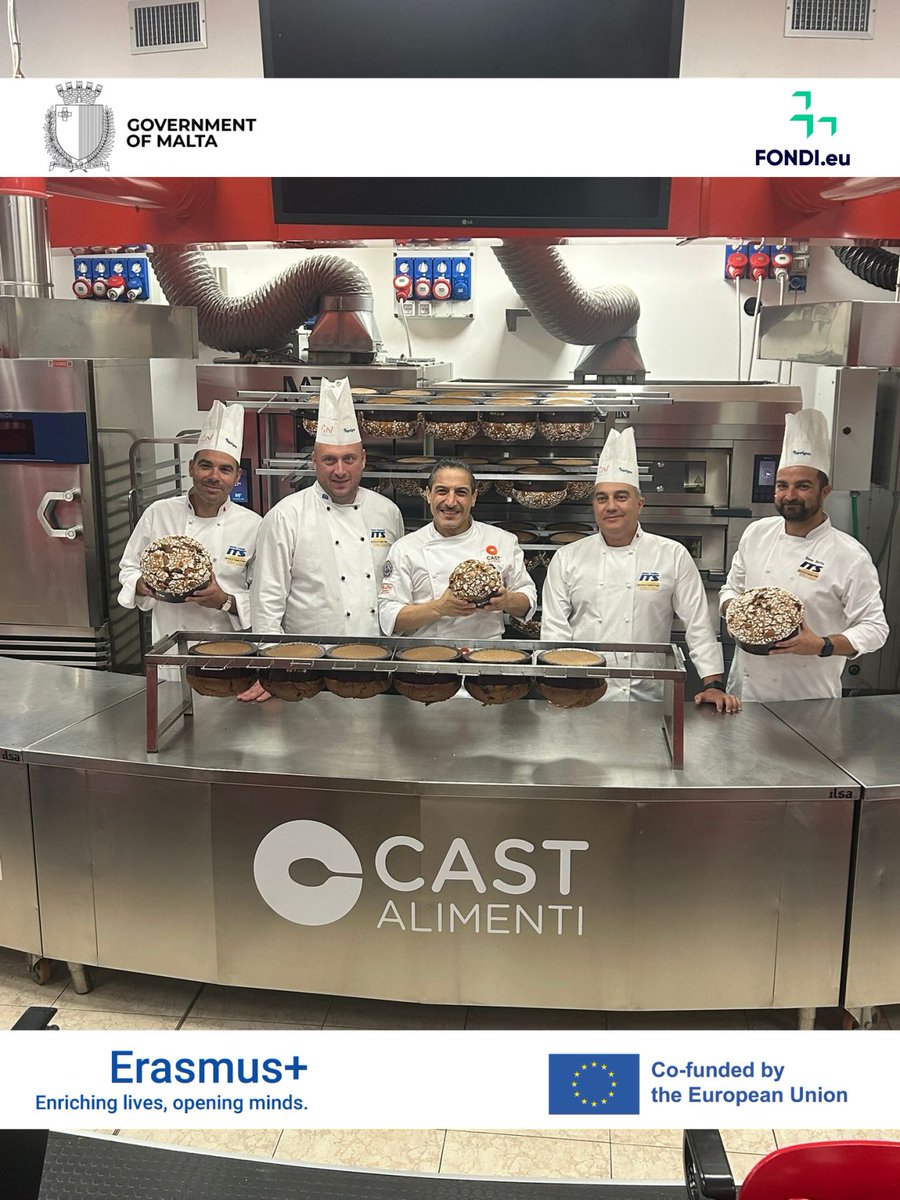 MaltaITS's tweet image. ITS staff Emie Briffa, Jimmy Aquilina, Steve D’Anastasi &amp;amp; Martin Robert Cutajar joined CAST Alimenti in Italy through Erasmus+ to shadow pastry lecturers and bake their own panettone! 🍞✨ 

Co-funded by the European Union.
#ErasmusPlus #VET #PastryArts