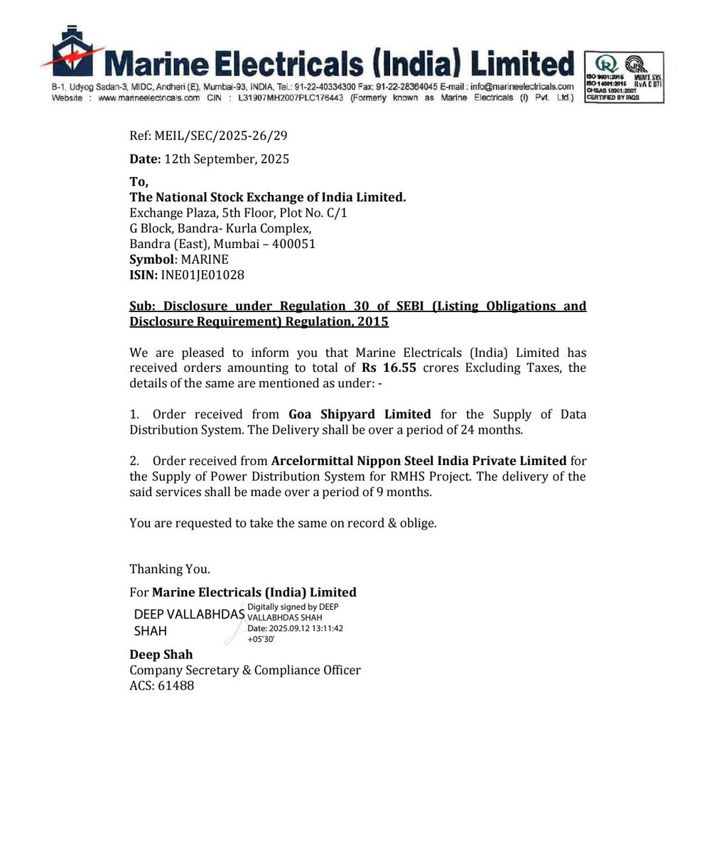New orders 😀

Order received from Goa shipyard for the supply Data distribution system.

Order received from Arcerolmittal Nippon steel ltd for supply of power distribution system for RHMS project 

Total order book ~16.55 cr