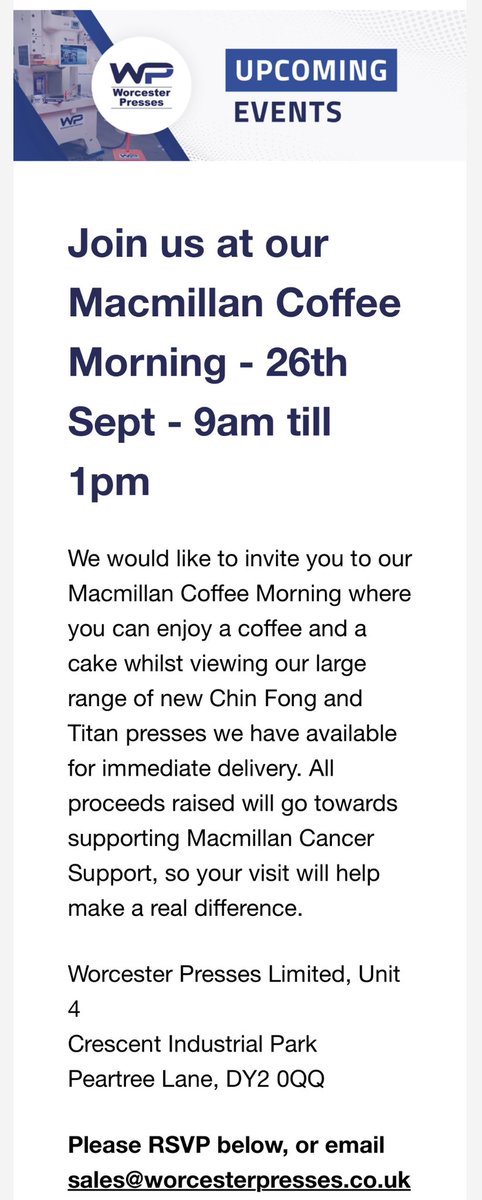 Worcester Presses Upcoming Event:

Join us at our MacMillan Coffee morning on Friday 26th September 9.00am - 1.00pm

If you could please let us know your attendance below or email sales@worcesterpresses.co.uk 

Donate at: lnkd.in/eqQnquNp

Can’t wait to see you!😁🎉🧁