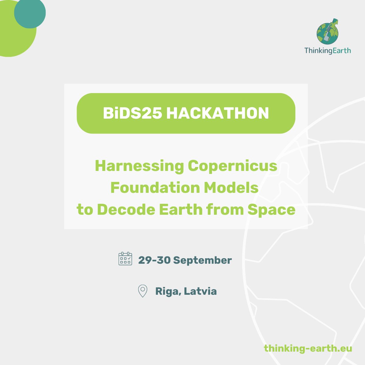 🚀 Join the #ThinkingEarth #Hackathon at #BiDS25 (29–30 Sept, Riga).
🌍 EO Foundation Models
🌦️ AI Weather Forecasting
🛰️ Vision-Language Models
💶 Prizes €2,500 | €1,500 | €1,000
🎥 Webinar replay 👉 lnkd.in/eDaE2itx
Get your info here: tinyurl.com/jww3x9fk