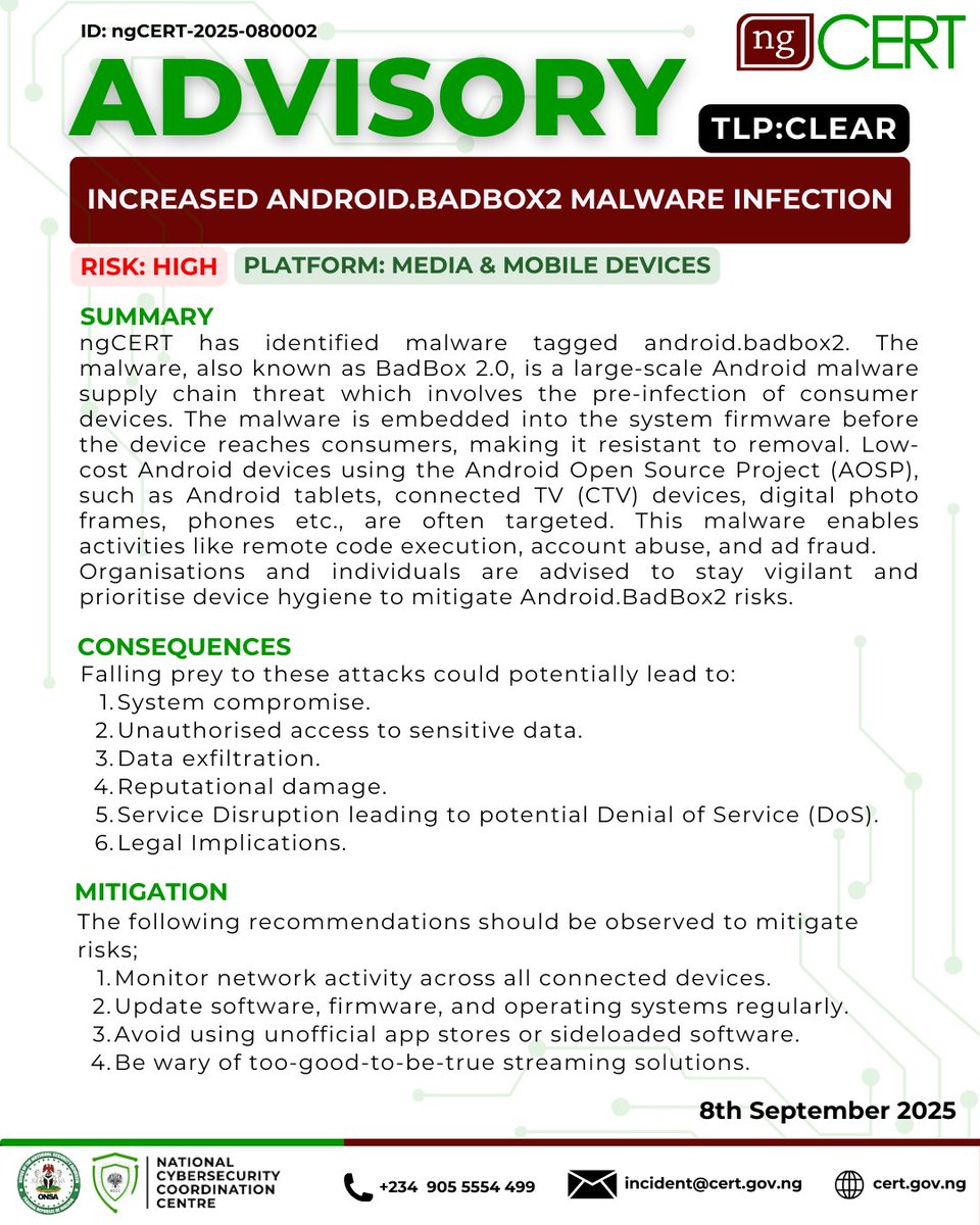 ngCERTofficial's tweet photo. CRITICAL: ngCert has identified a malware known as Badbox 2.0; a large-scale Android malware supply chain threat which involves the pre-infection of consumer devices.
Visit our website for more info: https://t.co/myOTj3GVao https://t.co/QeQ8nVa3jm