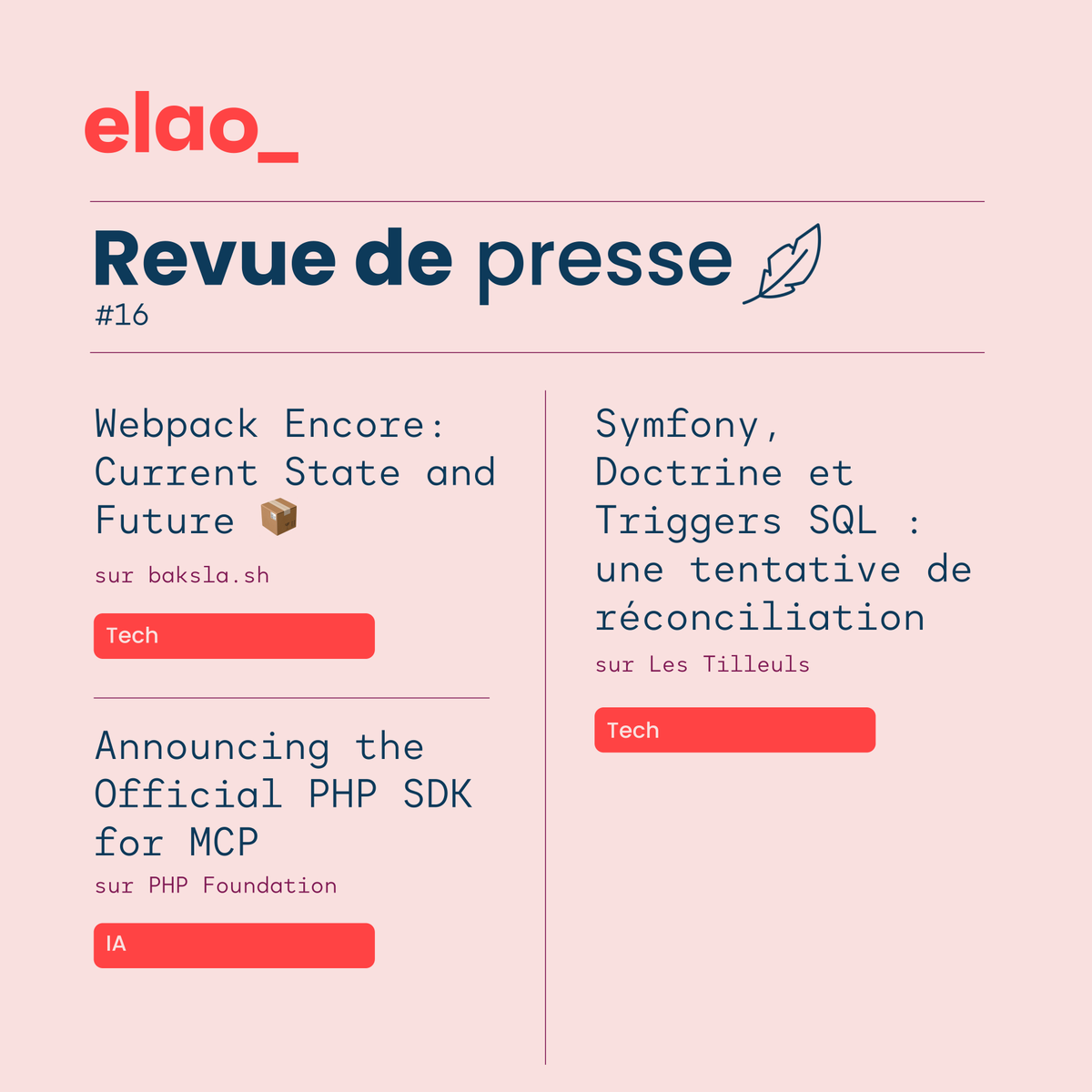 📃 Vendredi revue de presse —

Webpack, AssetMapper et Vite sur le ring 🥊
IA : un SDK PHP officiel pour créer des serveurs MCP 🤖
Triggers SQL : retour au code ⚡

Cette semaine, PHP s'adapte à tous les terrains, bonne lecture ⬇️