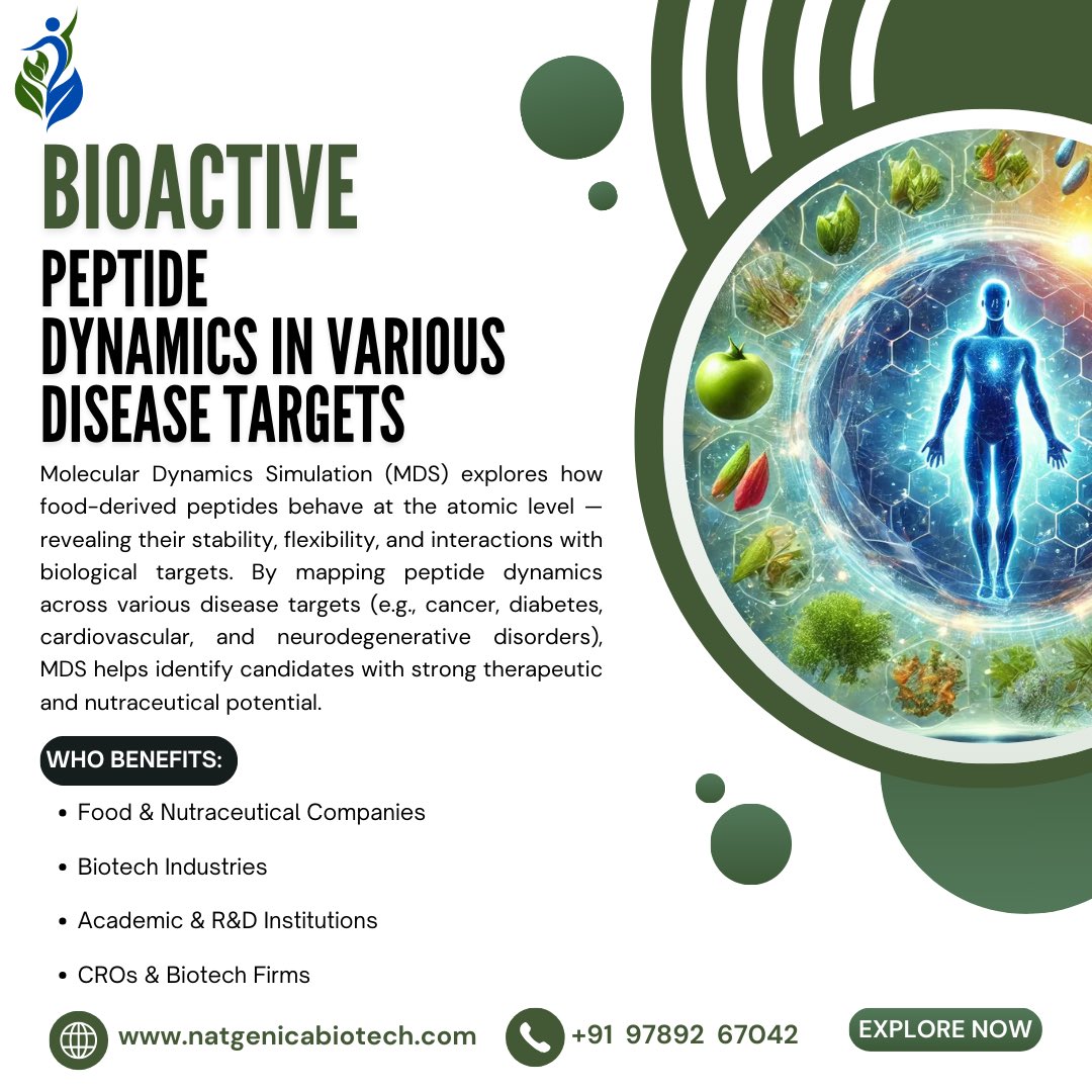 🔬✨ Unlocking the power of bioactive peptides through Molecular Dynamics Simulation (MDS)!
From cancer to cardiovascular health, peptide dynamics reveal groundbreaking therapeutic and nutraceutical potential. 🚀
.
.

#BioactivePeptides #MolecularDynamics #DrugDiscovery #biotech