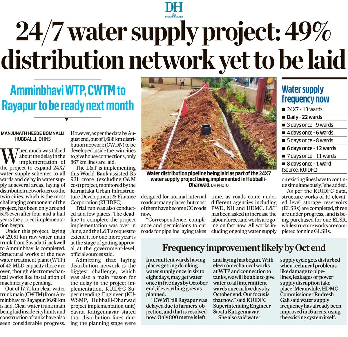 #Hubballi-#Dharwad 24X7 water supply project

49% distribution network yet to be laid

Frequency improvement in intermittent wards by Oct end planned

<a href="/DeccanHerald/">Deccan Herald</a> <a href="/HubliCityeGroup/">Hublicity-eGroup</a> <a href="/HdmcHubliDwd/">Hubballi-Dharwad Municipal Corporation</a> <a href="/hublimandi/">Hubballi Dharwad</a> <a href="/Namma_HD/">ನಮ್ಮ ಹುಬ್ಬಳ್ಳಿ-ಧಾರವಾಡ💛❤️Namma Hubballi-Dharwad</a> <a href="/arunkbh/">Arunkumar Huralimath</a> <a href="/Namma_Dharwad/">ನಮ್ಮ ಧಾರವಾಡ</a> <a href="/NorthKA_Rises/">North karnataka Rises</a> <a href="/Hubballi_Infra/">Hubballi Dharwad Infra</a>