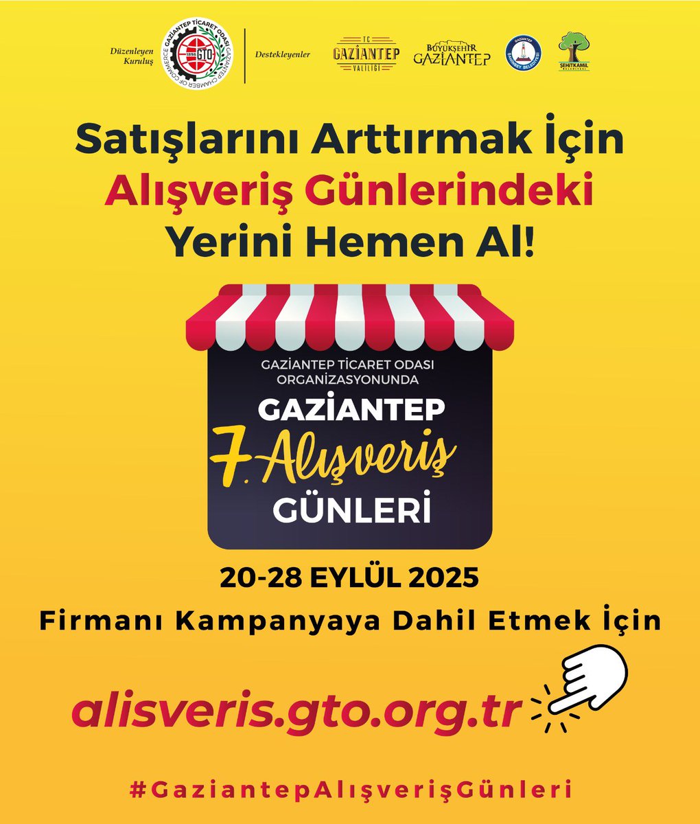 📣İşletmenizi #GaziantepAlışverişGünleri ile Kazanmaya Davet Ediyoruz‼️

🛍️20-28 Eylül 2025 tarihleri arasında 7️⃣. kez düzenlenecek ve 9⃣ gün sürecek Geleneksel Gaziantep Alışveriş Günleri'nde siz de işletmenizle yer alarak satışlarınızı artırma fırsatı yakalayabilirsiniz.