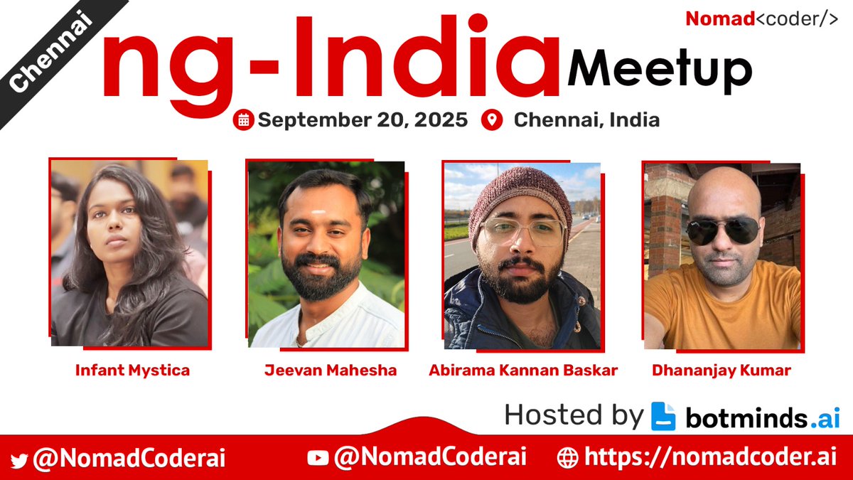 nomadcoderai's tweet image. Based in #Chennai? Join us on September 20 for the upcoming #ngIndia Meetup and learn about the following topics.
📆 - 20 September 2025.
🔏- nomadcoder.ai/event/8
📍 - Chennai
DM me to get added to the WhatsApp group.
#nomadcoder #angular #botmindsai