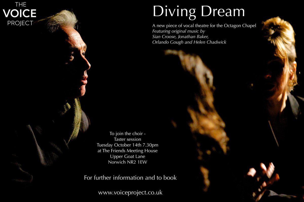 Diving Dream is the new show from the Voice Project in January 2026 and you can be part of the choir. Taster session on Tuesday 14th October at 7.30. Friends Meeting House, Upper Goat Lane, Norwich, NR2, 1LT