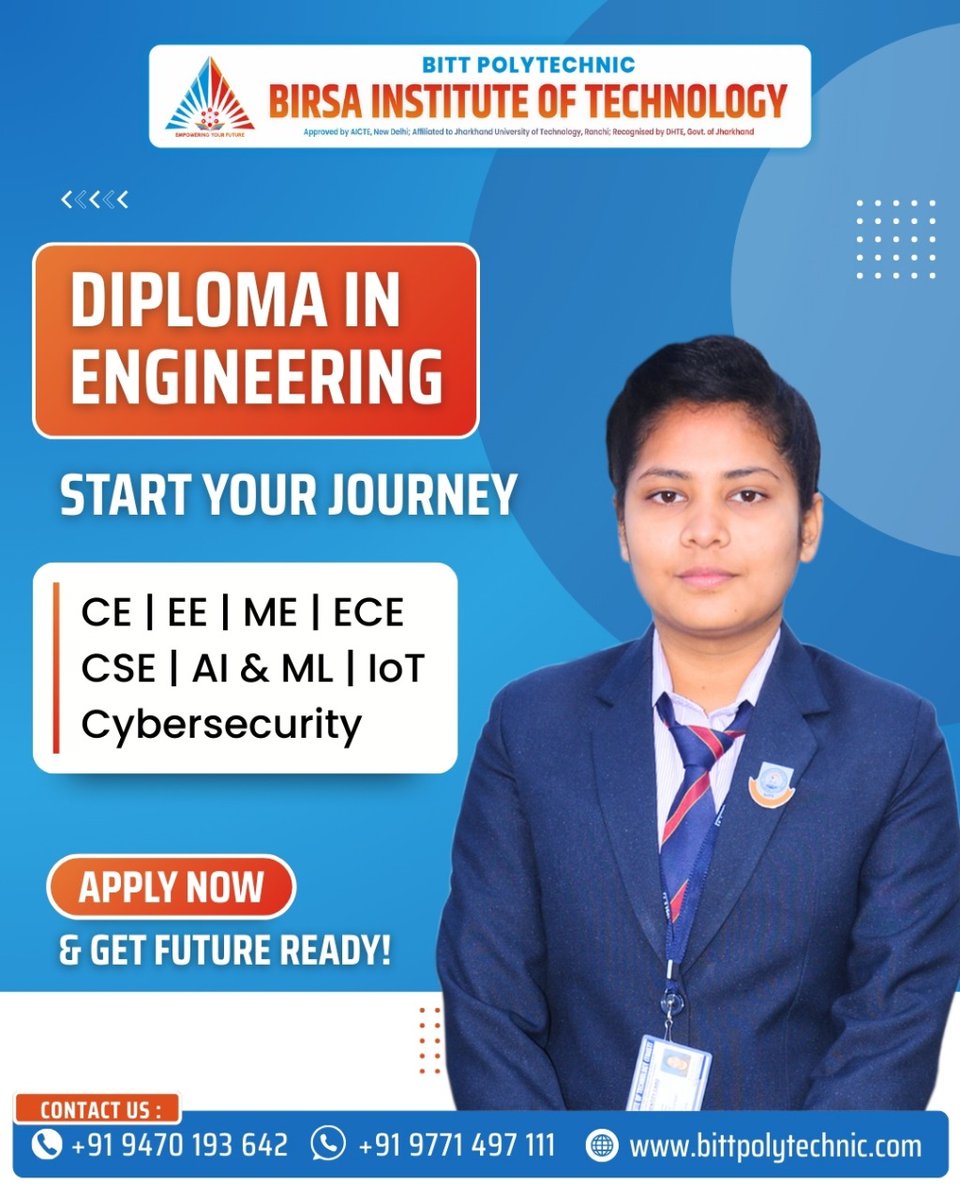bittpolytechni1's tweet image. Take the first step towards building an engineering career with BITT’s Diploma Programs!
From Civil to AI, our courses are designed to make you future-ready.

Enroll Now for Diploma Admissions 2025.
📧hrbittp@gmail.com
📞+91 9470193642
📲 +91 97714 97111

#DiplomaEngineering