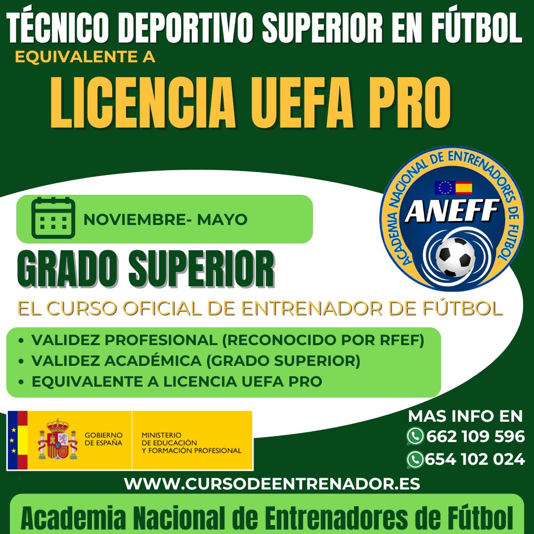 El Título de Técnico Deportivo Superior es equivalente a la #LicenciaUEFA Pro , además realizas un Grado Superior con todas las garantías, profesionales y académicas, que otorga un Titulo de Grado Superior, incluso acceso a Universidad.
👉 ww.cursodeentrenador.es
