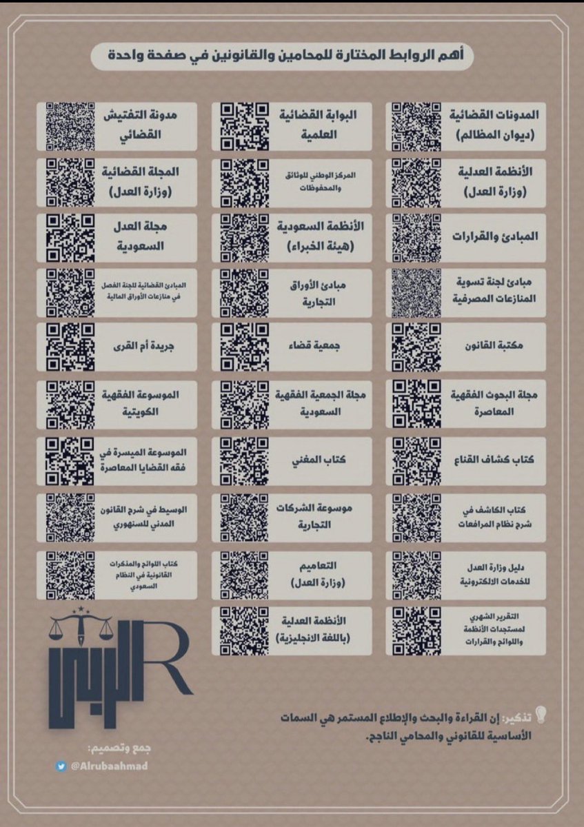 في صفحةٍ واحدةٍ فقط ! مصدر واحد يغنيك عن البحث الطويل 

أهم الروابط المختارة التي يحتاجها كل محامٍ وقانوني:

-أنظمة ولوائح
-مبادئ وقرارات
-مجلات قضائية وفقهية
-موسوعات وكتب قانونية

عن طريق مسح الباركود لكل مصدر ⚖️