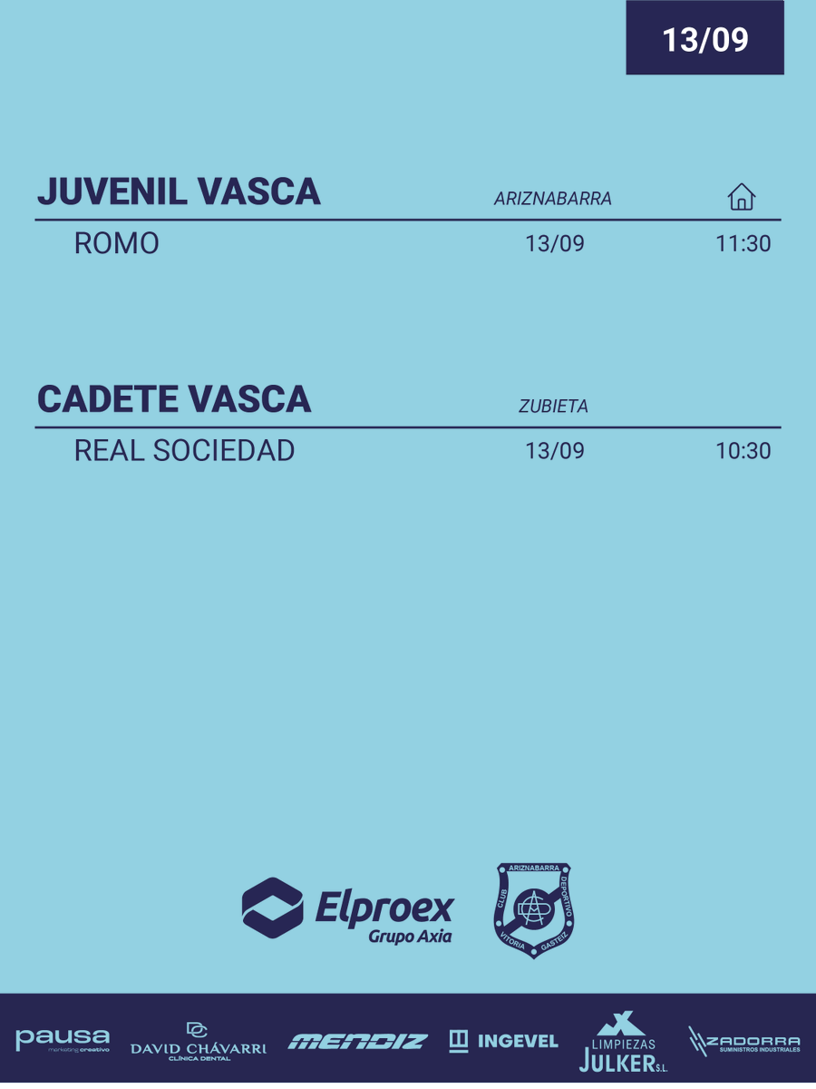 ⚽️ 𝗣𝗔𝗥𝗧𝗜𝗗𝗢𝗦 𝗗𝗘𝗟 𝗙𝗜𝗡𝗗𝗘

Este finde comienza la liga para nuestro 𝗝𝘂𝘃𝗲𝗻𝗶𝗹 𝗩𝗮𝘀𝗰𝗮 y 𝗖𝗮𝗱𝗲𝘁𝗲 𝗩𝗮𝘀𝗰𝗮, aquí tienes los horarios de todos nuestros equipos.

¡Aupa Ariz! 💙

#ElproexAriznabarra #AupaAriz