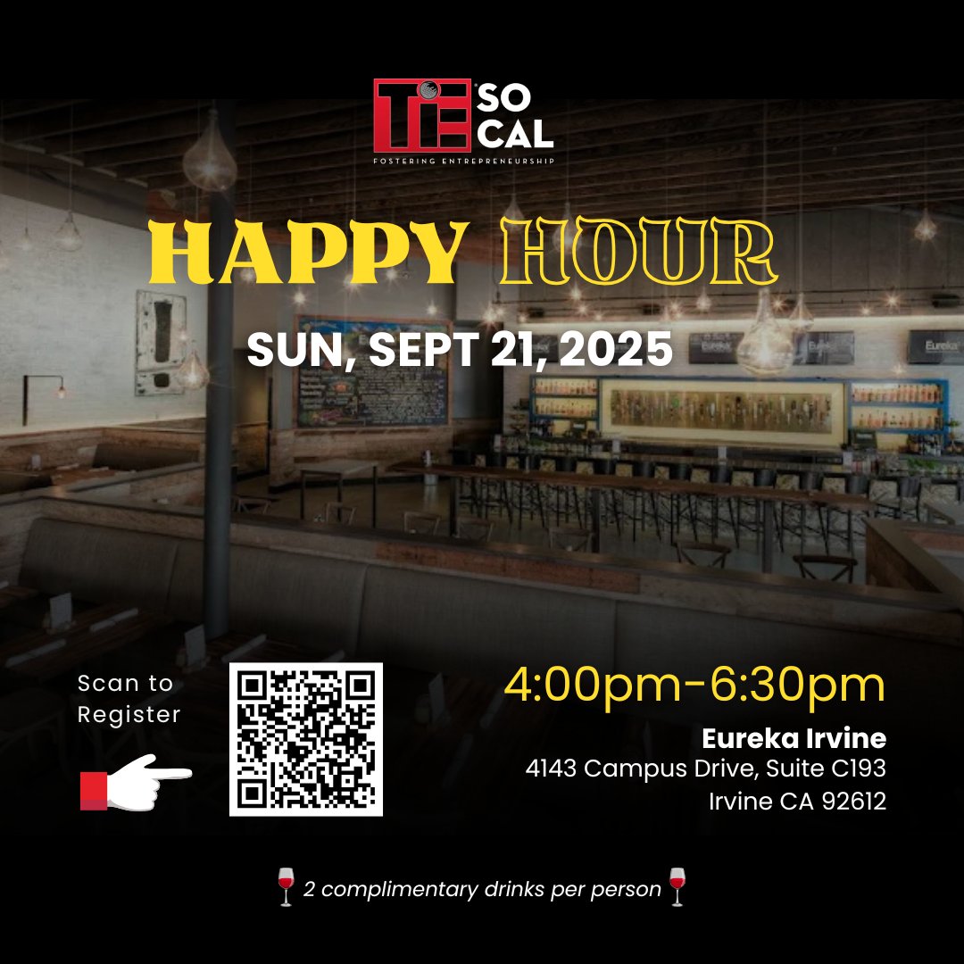 Great conversations, new connections, and a fun evening await you at TiE SoCal Happy Hour!
 
- Date: Sunday, Sept 21, 2025
- Time: 4:00 PM - 6:30 PM
- Location: Eureka Irvine
4143 Campus Drive, Suite C193 Irvine CA 92612
 
Register now: events.tie.org/TiE-SoCal-Happ…

#HappyHour