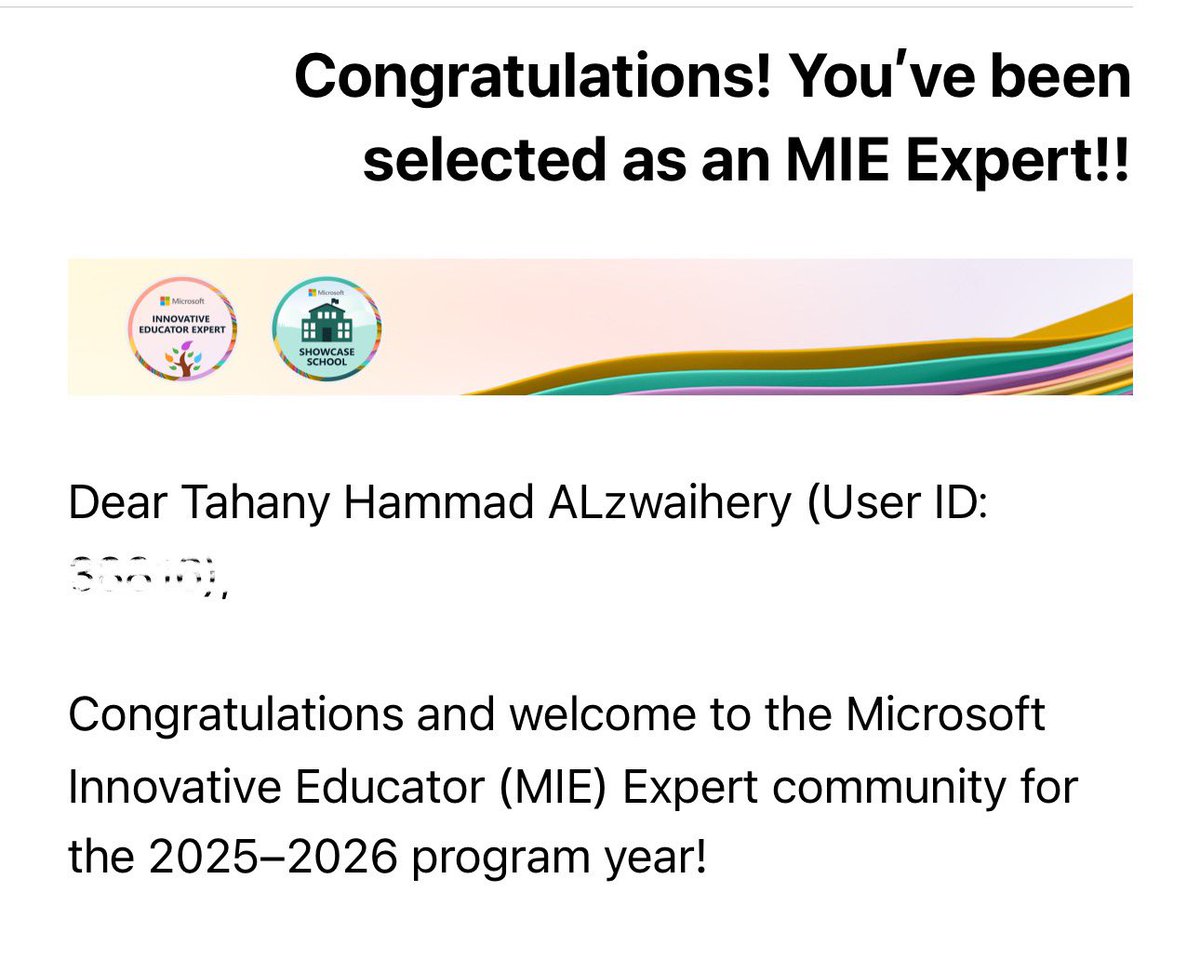 اشكر الله و أحمده حمدا  كثيرا على فضله و منه و كرمه،تم ترشيحي للعام السابع على التوالي كخبير مايكروسوفت للتعلم الابداعي 2025-2026 .👏🏻✨
<a href="/Microsoft_Saudi/">Microsoft Saudi</a>
<a href="/MicrosoftLearn/">Microsoft Learn</a>
<a href="/Microsoft/">Microsoft</a>
<a href="/abeermehdar/">Dr.Abeer عبير المحضار</a>
<a href="/MScreativeteam/">فريق مايكروسوفت الابداعي للتحول الرقمي</a>
#MIEExpert
#خبير_مايكروسوفت_للتعلم_الابداعي