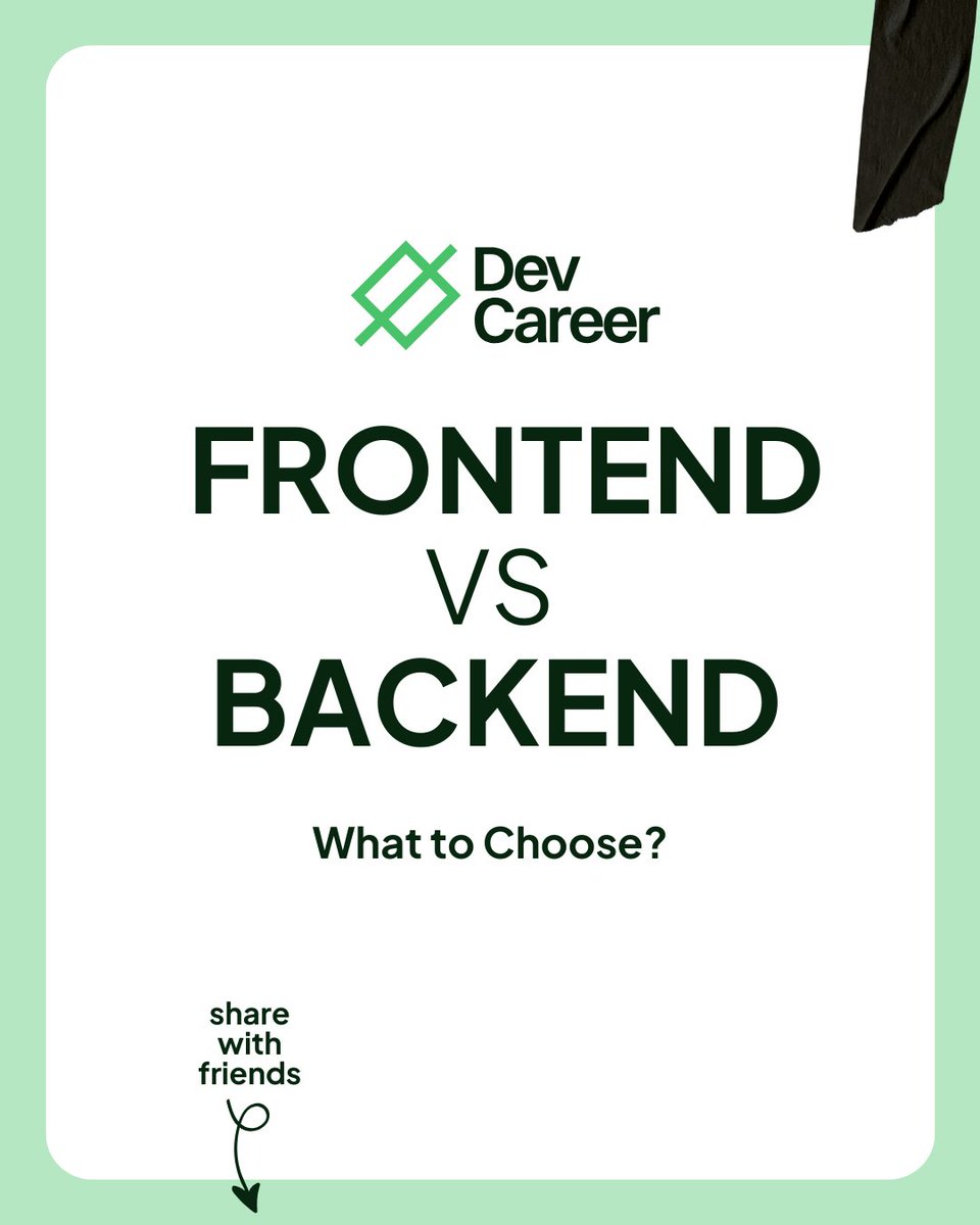 dev_careers's tweet image. There’s no wrong choice when it comes to tech careers. The key is choosing the path that excites you and taking action. 

💻 Frontend: Love creating user-friendly interfaces and designs people interact with?
 ⚙️ Backend: Prefer solving logic, databases, and powering what happens…