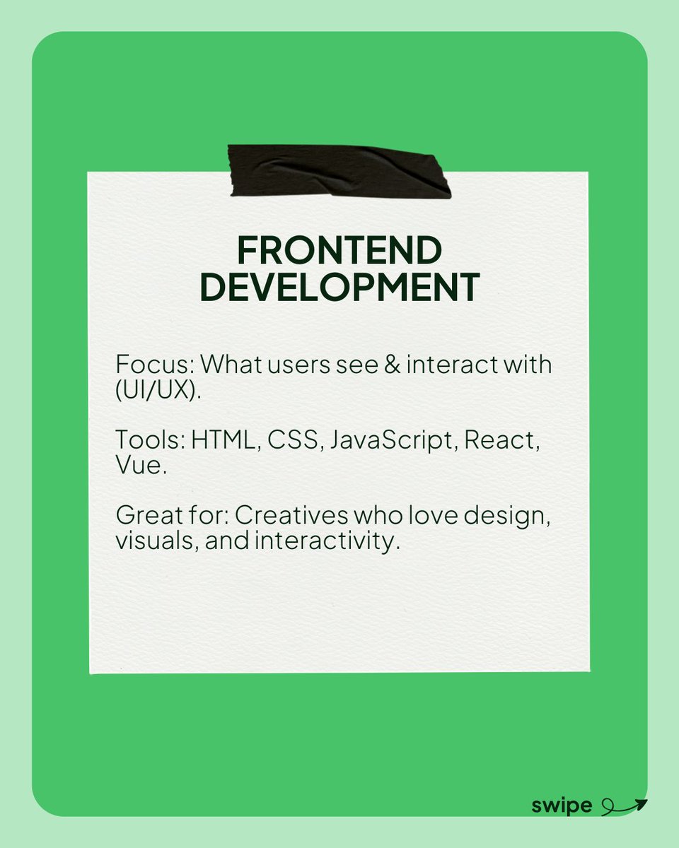 dev_careers's tweet image. There’s no wrong choice when it comes to tech careers. The key is choosing the path that excites you and taking action. 

💻 Frontend: Love creating user-friendly interfaces and designs people interact with?
 ⚙️ Backend: Prefer solving logic, databases, and powering what happens…