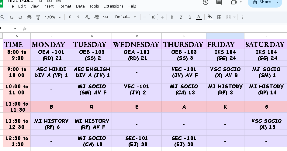 jeonUrmi97's tweet photo. Today I made my college time table on google sheet. I learned to use google sheet. It was fun :) 
@lfp_Tardeo
@_ApniPathshala
@Saipujariprasad
#narayanchandratrust
#learnfrompeers https://t.co/D8BHDtv8iq