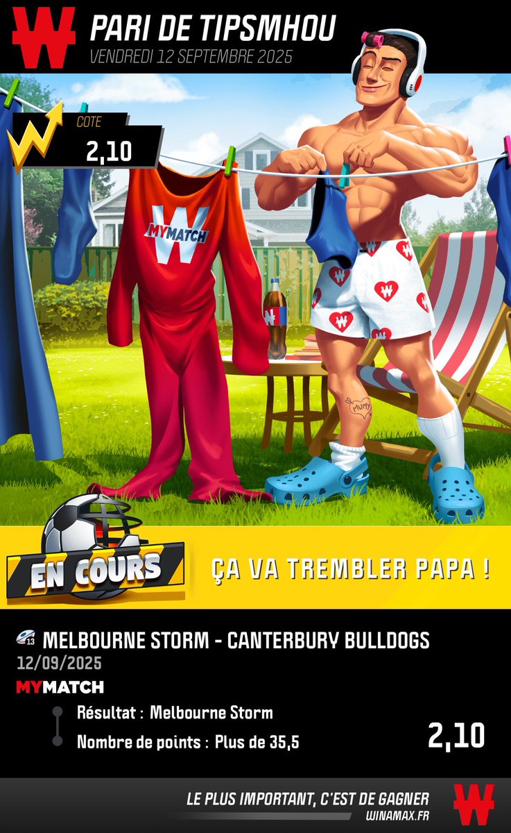 MhouTips's tweet image. Montante 🔥 

Étape 2.1

🏉Storm - Bulldogs

⭐️ Storm et plus de 35.5@ 2.10

winamax.link/ICbRJ

Mise: 21.60€
💰 Gain: 45.36€

❤️♻️ si tu suis

#TeamParieur