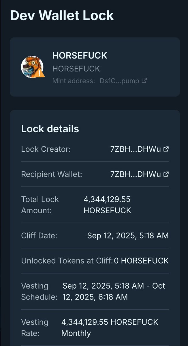 HORSEFUCK_sol's tweet photo. 🚨 $HORSEFUCK PROOF PACK 🚨

On-chain receipts: no rug, just pump:

🔒 Dev Wallets Locked
TX1: https://t.co/SrxGnCQtY1

TX2: https://t.co/ejBHuA2Fpu

❄️ Mint Authority Revoked
CA: Ds1CxLEcSaa6mmMwUH6cgr9Y4RbSLp4medTSJSTtpump

🟢 Clean Bubble Map
https://t.co/b7CTg0VeSr

📈 Live DexScreener (Paid Boost)
https://t.co/kIh8Ra6pp0

No stealth whales. No secret mint/rugs.

Community has full receipts, ape with confidence 🐴💦

#HORSEFUCK