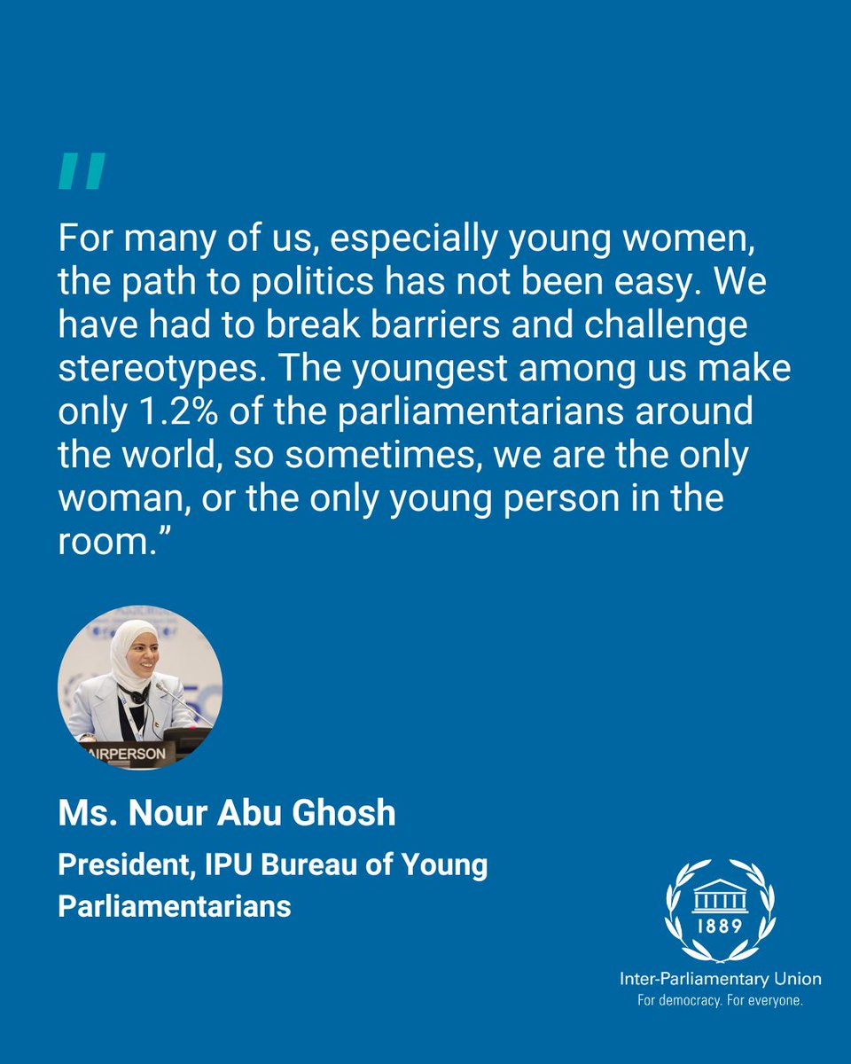 IPUparliament's tweet image. At the 11th Global Conference of #YoungMPs, the  President of the Bureau of Young MPs, Ms Nour Abu Ghosh, highlighted the many barriers women face to work in #parliaments.

Uniting generations for #genderequality.

Access the programme
➡️ipu.org/11YMPs