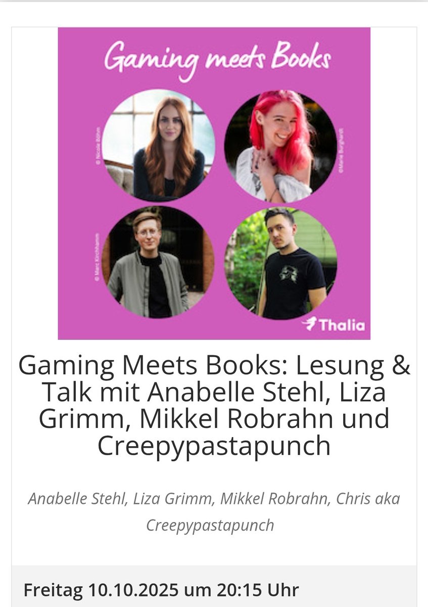 CPPunch's tweet image. Am 10.10 um 20:15 (nach der Polaris in Hamburg Thalia in der Europapassage) habe ich zusammen mit Liza Grimm, Annabelle Stehl und Mikkel Robrahn eine Lesung!
Ich les aus dem neuen Buch und ihr könnt fragen stellen, Autogramme, etc.
Hier Tickets!
reservix.de/tickets-gaming…