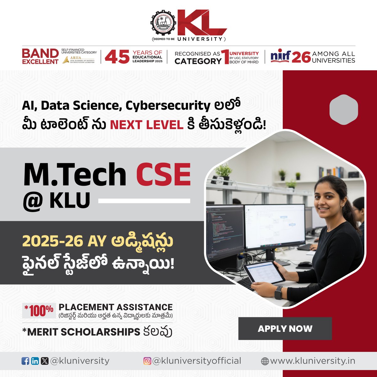 kluniversity's tweet image. Level up your coding career with KLU’s M.Tech CSE program!
Master AI, Data Science &amp;amp; Cybersecurity with real-world training and expert mentorship. Be industry-ready for high-impact tech roles
kluniversity.in/admissions-202…

#MTechCSE #ArtificialIntelligence #DataScience