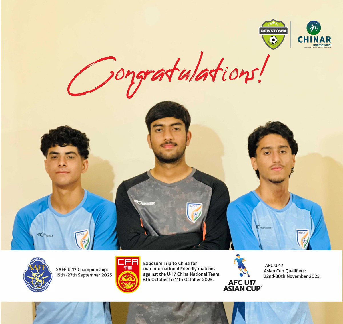 DowntownHFC's tweet photo. Kashmir’s Pride Shines on the National Stage
3 young warriors from our valley #Aazim Abrar &amp; #Maroof have earned a proud moment for Kashmir by being selected to represent the Indian U-17 National Football Team. 
@OmarAbdullah @CM_JnK @JKSportsCouncil @nuzhatjehangir https://t.co/lsYOS9NSPu