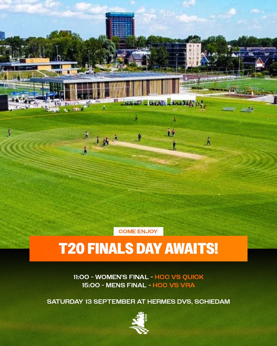 👑  𝗪𝗵𝗼 𝗪𝗶𝗹𝗹 𝗕𝗲 𝗖𝗿𝗼𝘄𝗻𝗲𝗱?

The climax of the Dutch cricket season is upon us! Hermes DVS in Schiedam sets the stage for T20 Finals Day.

🕚 11:00 - T20 Womens Final
HCC vs Quick

🕒 15:00 - T20 Mens Final
HCC vs VRA