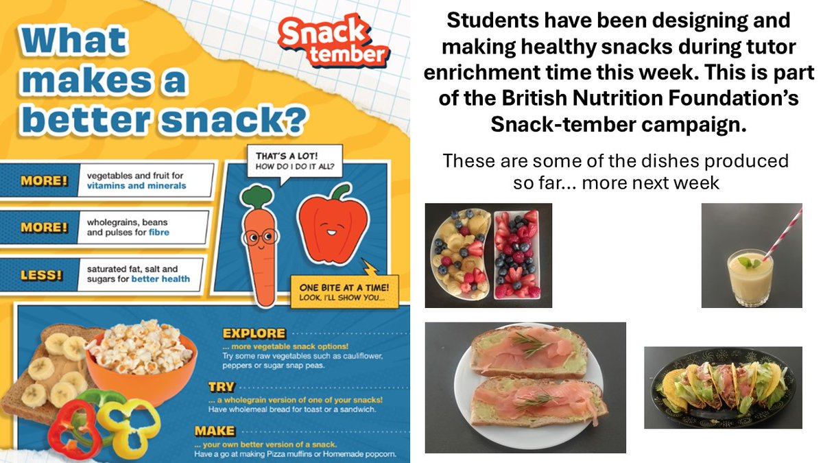 St_Anselms's tweet photo. ๐ Snack-tastic Creations! ๐ฅ
Students have been making healthy snacks during tutor time as part of the BNFโs #Snacktember campaign.
Their creativity has been amazingโcheck out their delicious creations! ๐
#HealthyEating #StudentWellbeing #EnrichmentTime https://t.co/UINU9PlgP8