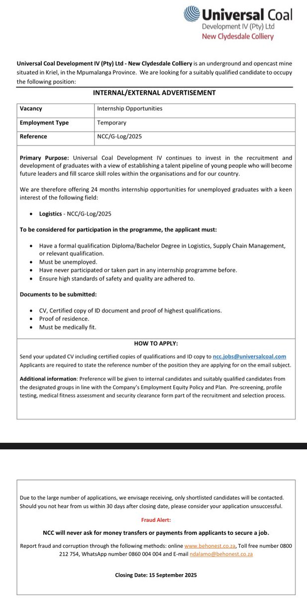 kaygeezo4's tweet image. Unemployed graduates with interest in Logistics - internship opportunities at Universal Coal🔌🔌

Email: ncc.jobs@universalcoal.com

Closing Date: 15 Sep 2025