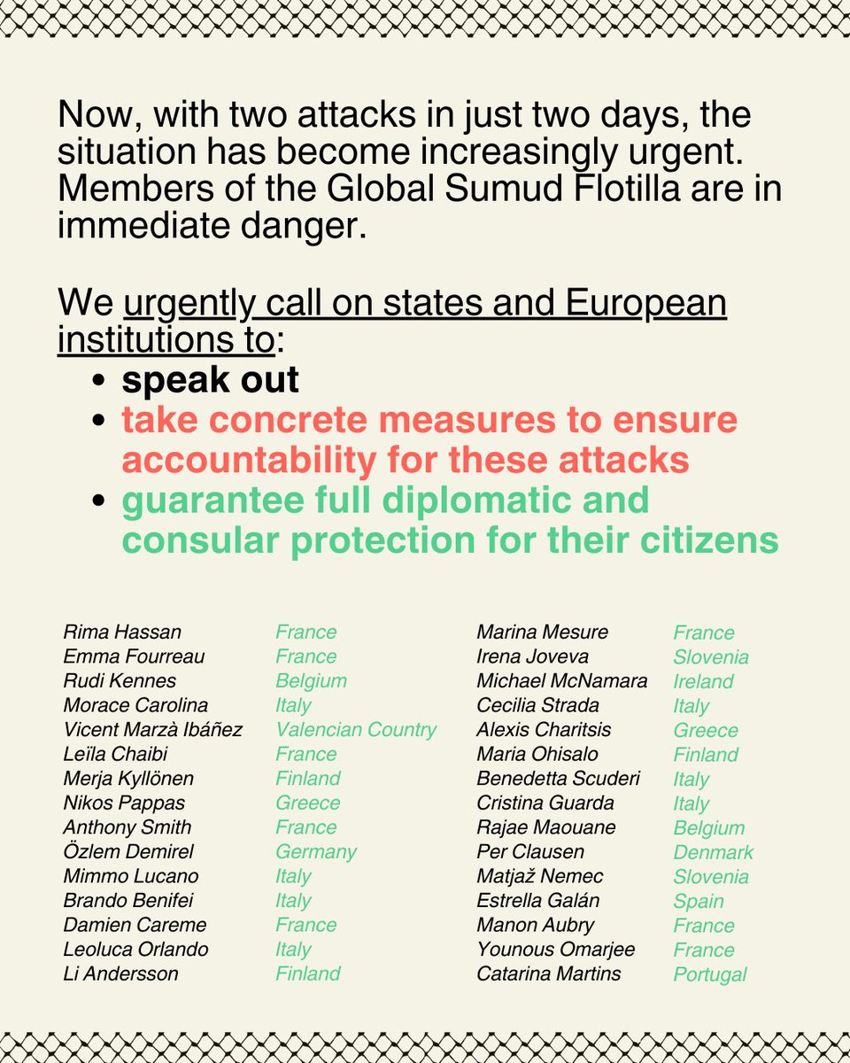 English below 

🔴🇪🇺 158 députés, eurodéputés et sénateurs de toute l'Europe de toute l'Europe ont adressé une lettre à leur ministère des Affaires étrangères respectifs, réclamant une action urgente pour protéger les membres de la Global Sumud Flotilla. 

Alors que celle-ci a