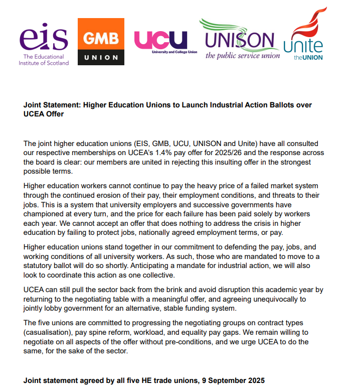 Members from all HE unions have voted to reject the insulting pay offer of 1.4% (a real-terms pay cut). UNISON, UCU, Unite and EIS will be balloting for IA. A joint statement from <a href="/unisontheunion/">UNISON - UK's largest union</a>, <a href="/unitetheunion/">Unite the union: join a union</a> , <a href="/ucu/">UCU</a>, <a href="/GMB_union/">GMB Union</a>, <a href="/EISUnion/">EIS</a>, is below. 
#fundourfuture #fundourpay