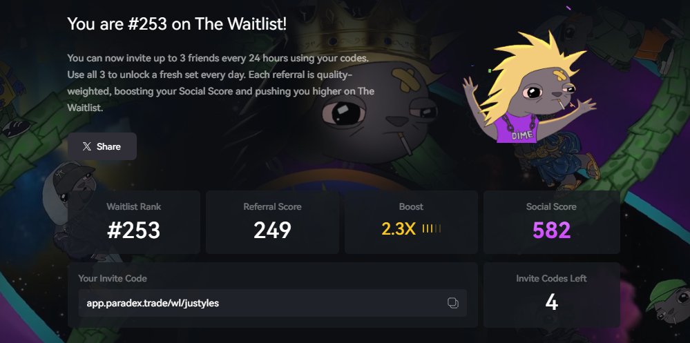Justyles (Ø,G) (@thelkstyles) on Twitter photo Bullish on <a href="/tradeparadex/">Paradex Network</a> ! was at 3k ish rank last week and here i am following awesome trading week raking in 130k volume in 2-3 days . Will go all out this week! $DIME season upon us!
app.paradex.trade/wl/justyles Bullish on <a href="/tradeparadex/">Paradex Network</a> ! was at 3k ish rank last week and here i am following awesome trading week raking in 130k volume in 2-3 days . Will go all out this week! $DIME season upon us!
app.paradex.trade/wl/justyles