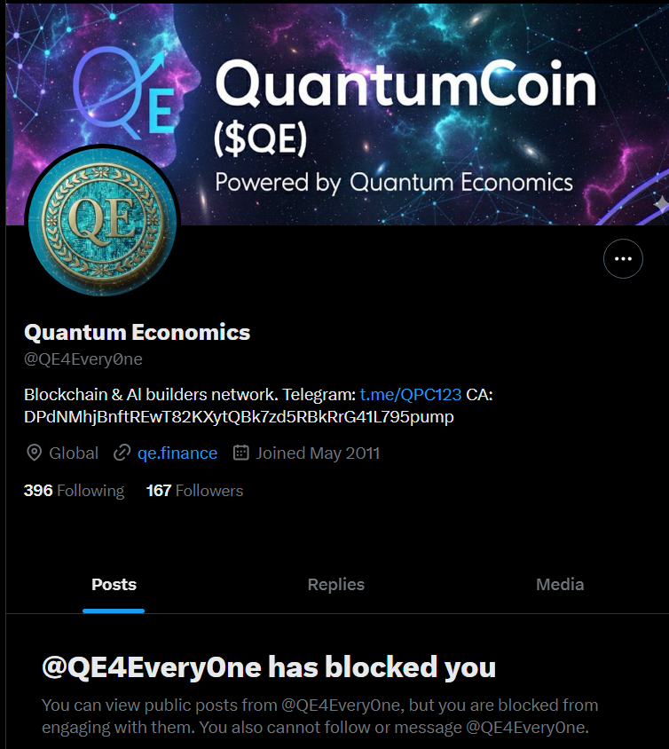 Quantum Economics (@qe4everyone) on Twitter photo Please report the scam account @QE4every0ne.
Note that they used a 0 instead of the letter "O".
Do not click on any links that they post! Please report the scam account @QE4every0ne.
Note that they used a 0 instead of the letter "O".
Do not click on any links that they post!
