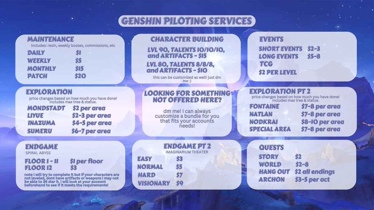 Rome’s Genshin Piloting Services! 🌀

are you too busy and burnt out to play genshin but you still want to progress your account? good news for you! i’m here to help you keep up with anything you may need🪼

dm me on here or my discord (dollmiku) to avail!
#genshin #genshinpilot