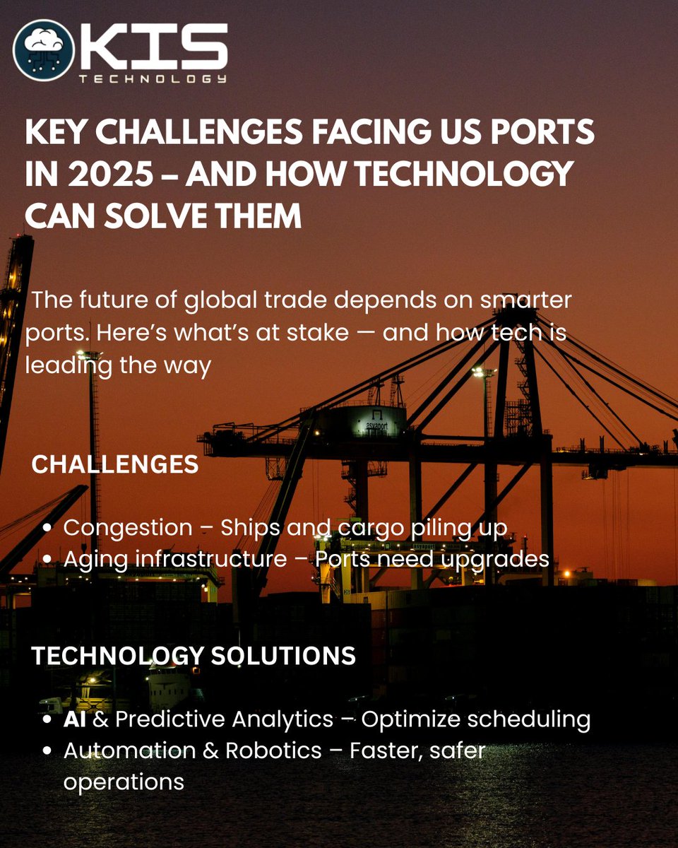 technologykis's tweet image. The biggest challenges for ports in 2025 are congestion and aging infrastructure. AI-powered scheduling and robotics are revolutionizing operations, making them faster, safer, and more efficient for global trade. #KISTechnology #AI #Logistics