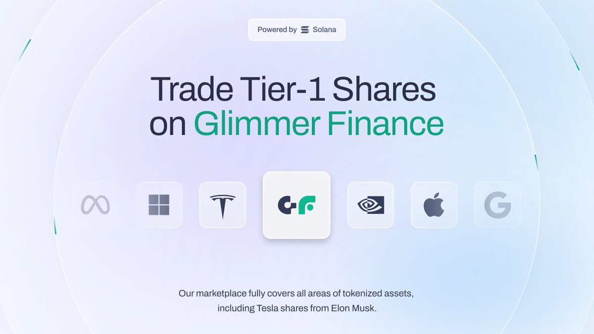 📊 Tesla Shares on Glimmer Finance?

Our marketplace fully covers all areas of tokenized assets, including Tesla shares from Elon Musk.

Buy – hold – trade – sell Tesla, Nvidia, Microsoft, Apple, Google, Amazon, Meta, and more Tier-1 shares on our platform.

Forward to new