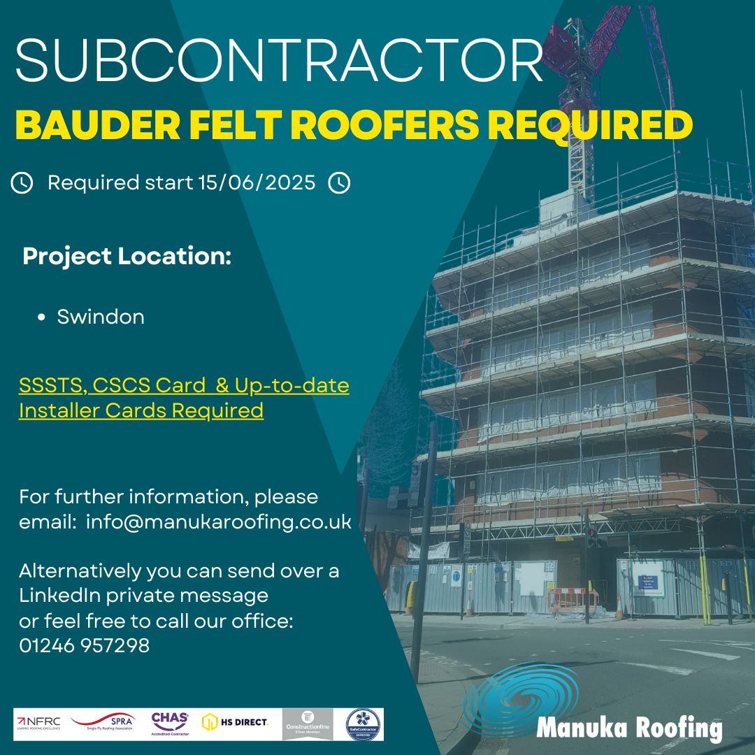 💥 Subcontract Bauder Approved Felt Roofers Required 💥

For more information and project requirements please send an email to:
info@manukaroofing.co.uk

Alternatively, you can call the office on 01246 957298, or send a direct message via our page.

Thank you in advance!