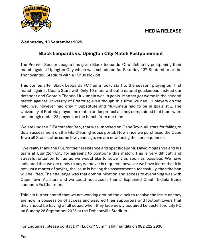 iDiskiTimes's tweet image. 𝗝𝗨𝗦𝗧 𝗜𝗡‼️

Black Leopards have released a statement delving into why their league fixture against Upington City has been postponed.

idiskitimes.co.za/featured/leopa…