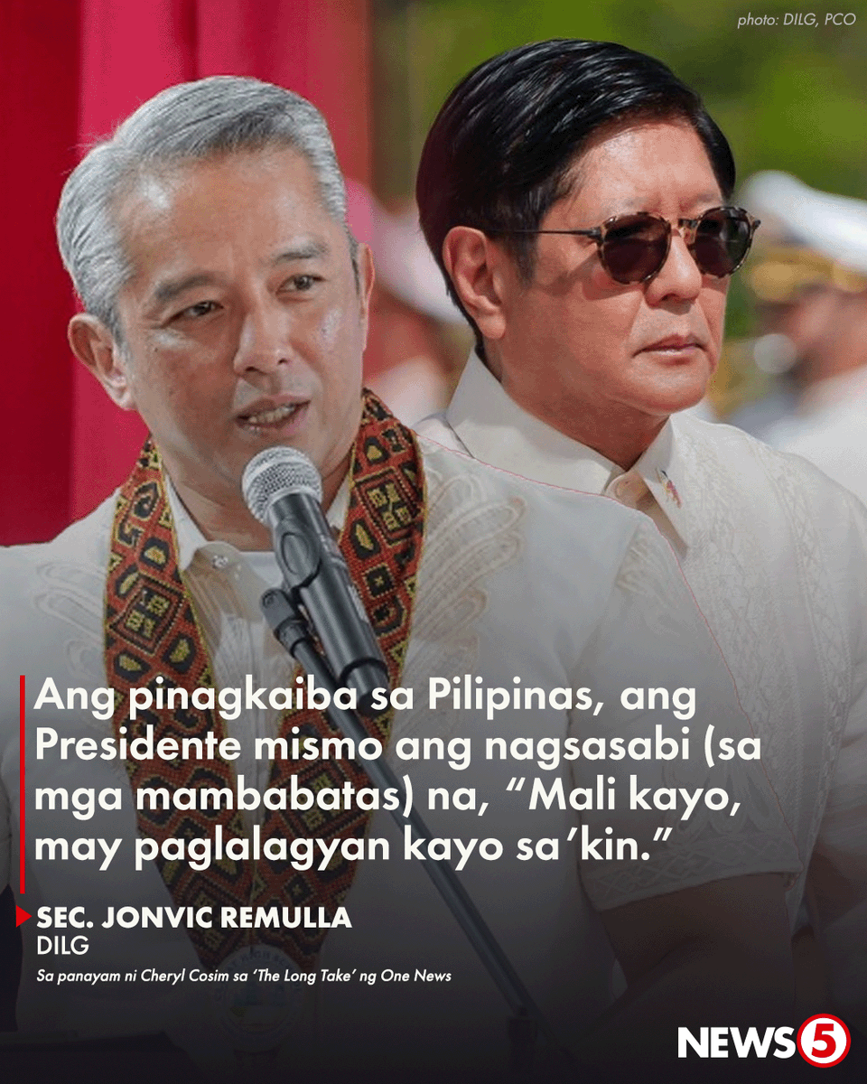 News5PH's tweet photo. MAGKAIBANG SITWASYON
Iginiit ni Interior Sec. Jonvic Remulla na magkaiba ang sitwasyon sa Pilipinas at ang nangyayari sa Nepal at Indonesia.
Sa #TheLongTake ng One News, ipinaliwanag ni Remulla na kung ang mga lider ng Nepal at Indonesia ang sinisisi sa umano’y korupsyon sa kanilang bansa, ang Pangulo naman ng Pilipinas ang mismong nagtuturo kung sino ang may mali.