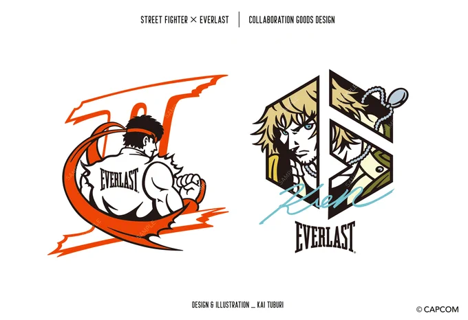 [お仕事] こちら、STREET FIGHTERとEVERLASTのコラボアパレルグッズのイラスト&amp;デザインをお手伝いしました! スト2からリュウ、スト6からケンをナンバリングの数字に絡めてデザインしています。是非チェックしてみてください