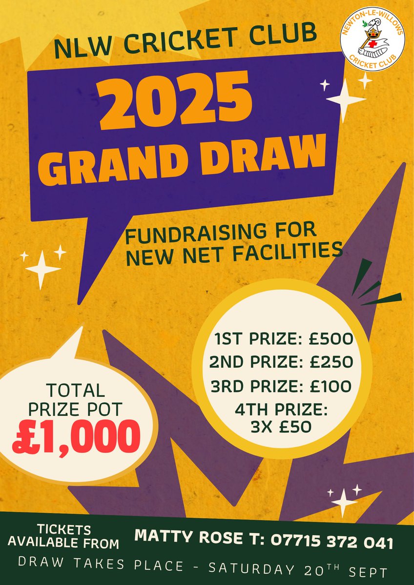 *Grand Draw Reminder*
Our big summer draw takes place next Saturday so please can people start returning sold tickets and monies to <a href="/iammatthewrose/">Matthew Rose</a> 

Total cash prizes = £1000 and all surplus money will go towards the net renovation fund.

Anyone wanting to enter message Matty