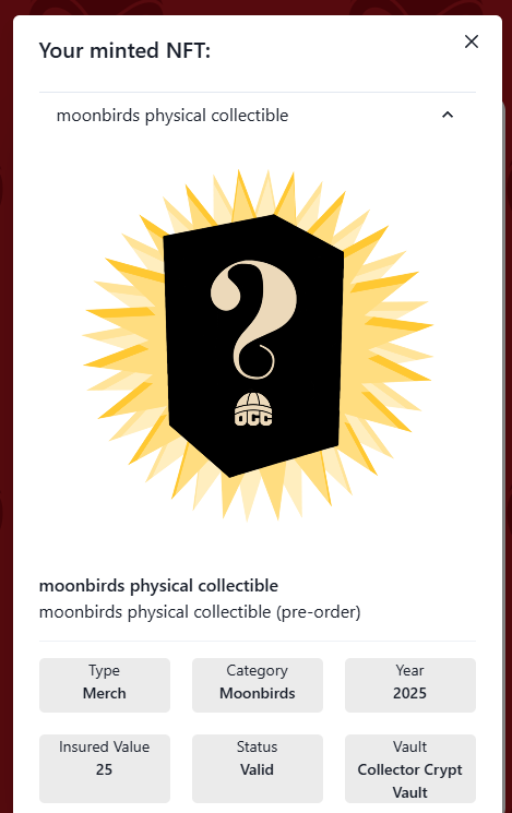 not sure what's this, but anyway minted 3x <a href="/moonbirds/">Moonbirds</a> collectibles

for $25 per collectible, it looks like a good trade here