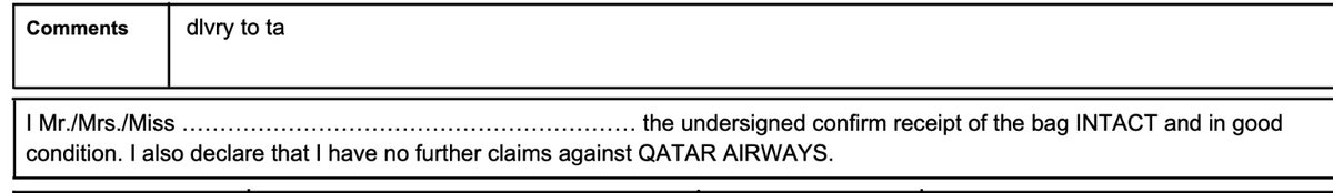 MariaShumusti's tweet image. Unbelievable. After delaying my bags &amp;amp; ignoring my claim for 21 days, @qatarairways sends me a form that says I must sign away my right to ANY further claims just to confirm receipt + hangs up on my call. This is deception, not customer care. @qrsupport @CAAQATAR.