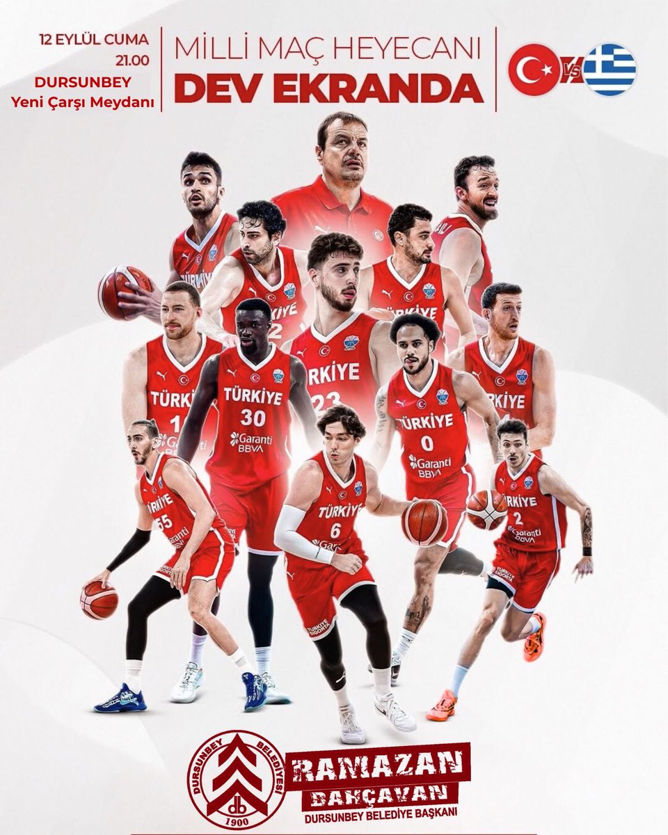 🏆Adım adım şampiyonluğa🏀

🇹🇷Milli gururumuz 12 Dev Adam’ın #EuroBasket2025 Yarı Final heyecanını Dursunbey'in yeni meydanında dev ekranda hep birlikte yaşayalım.

Haydi Dursunbey! Millilerimize, tek yürek halinde destek olmak için seni de bekliyoruz!💪

📅12 Eylül
🕘21.00