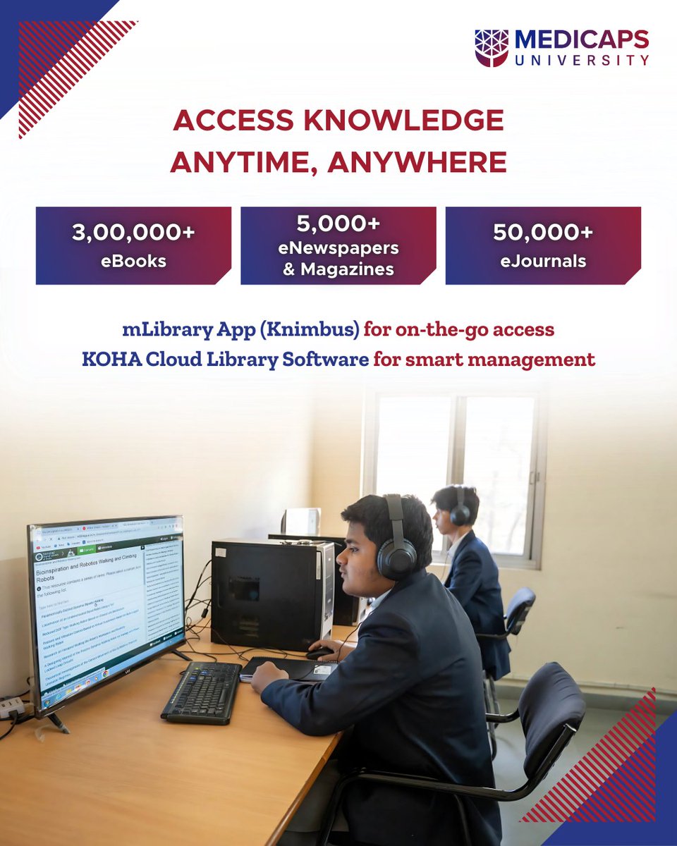 Medicaps_Indore's tweet photo. #MedicapsUniversity's Central Library is the largest private #library in Central India, offers a wide range of #books, #journals, and #digitalresources that fuel curiosity and research.📖✨
Here, knowledge isn’t stored; it’s shared, explored, and lived every day. https://t.co/45EwA7fwSL