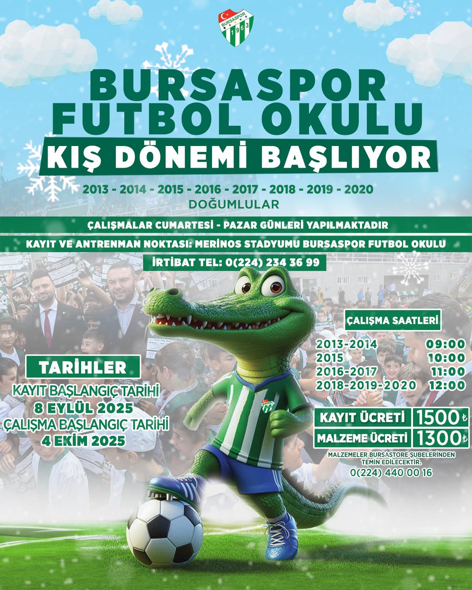 ❄️🐊Bursaspor Futbol Okulları kış dönemi kayıtlarımız devam ediyor!

Detaylı Bilgi👇
🏟️Merinos Stadyumu Kayıt Noktası
☎️0224 234 36 99
