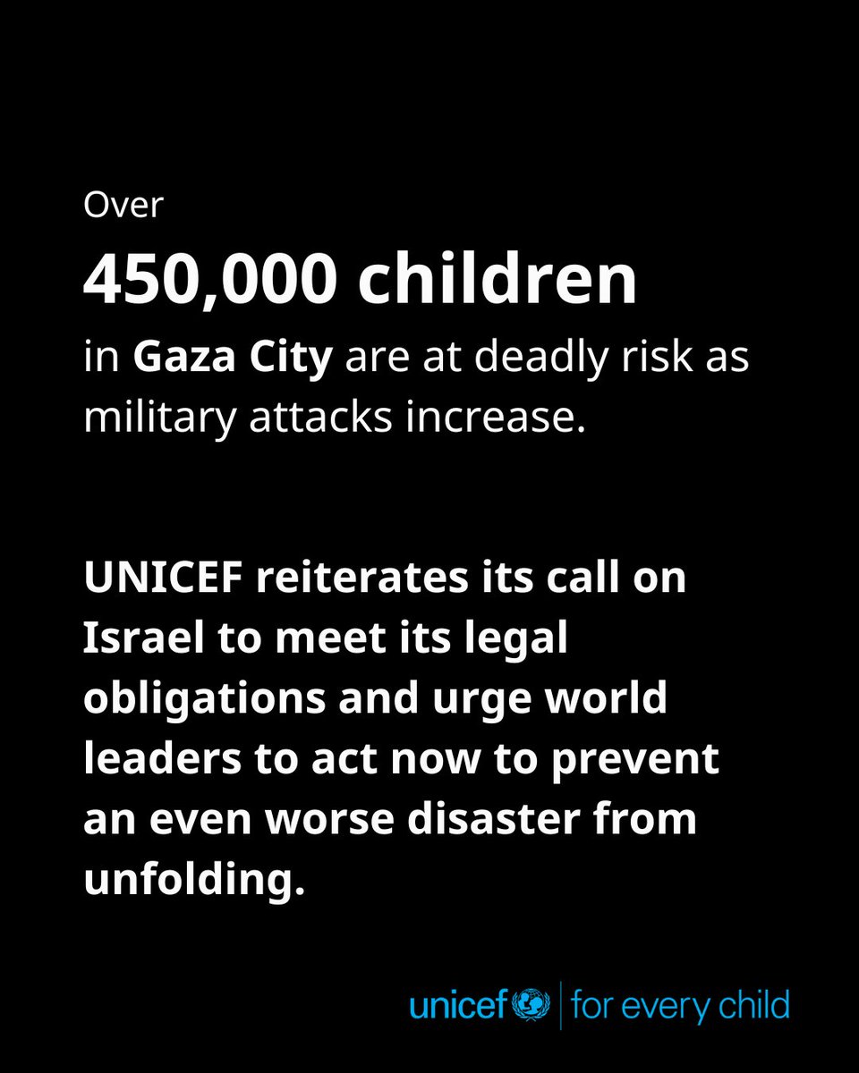 "Over 50,000 children have reportedly been either killed or maimed in less than two years. How many more are needed before the world acts? We cannot continue to fail them.”

Statement attributable to <a href="/E_Beigbeder/">Edouard Beigbeder</a>  on the deadly risks for over 450,000 children in #Gaza City as