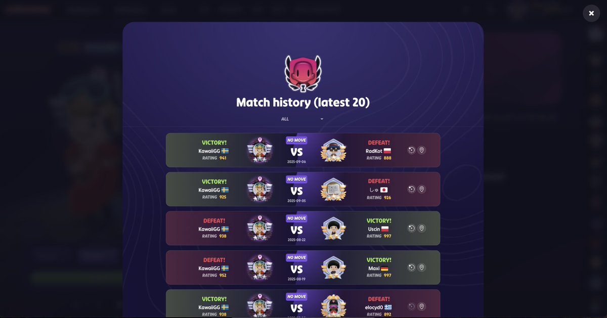 NEW FEATURE: MATCH HISTORY!
One of the most requested features is now a reality!

Located on the Duels page, Match History aims to provide a better visualization of your 20 latest Duels, with easy access points to the summaries and replays

🫡